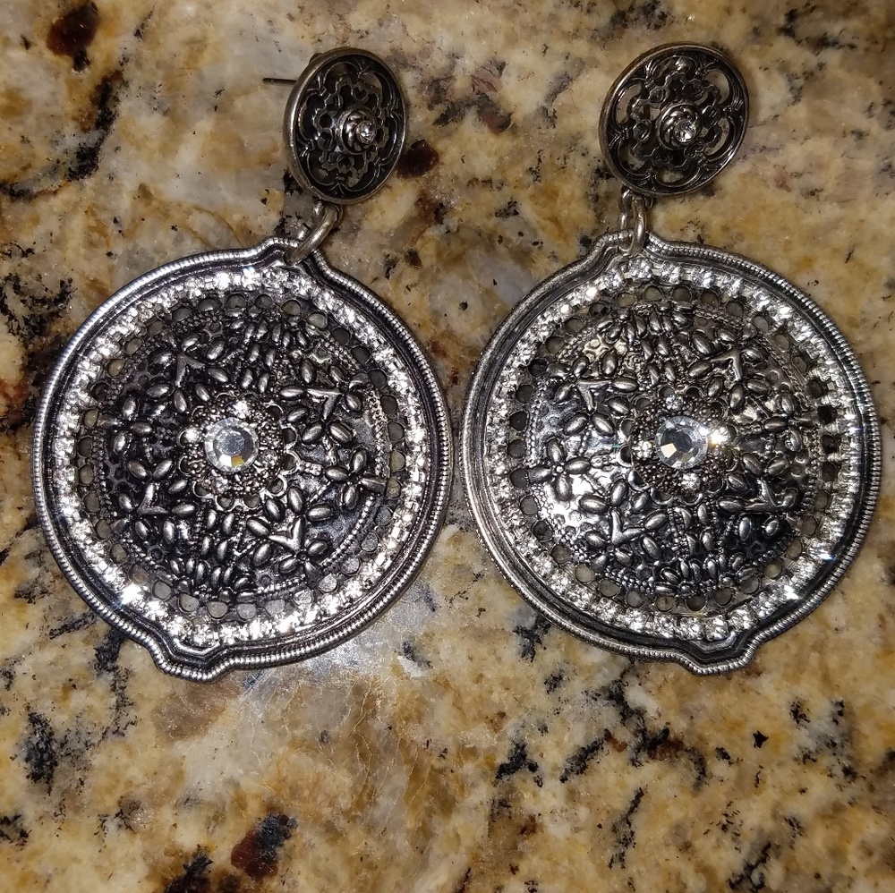 Silver Tone Bangle Earrings with CZ Accent